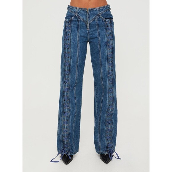 Lioness Daydream Women’s Tie-Up Corset Wide Leg Jeans US Dark Denim Size Medium - Picture 1 of 6
